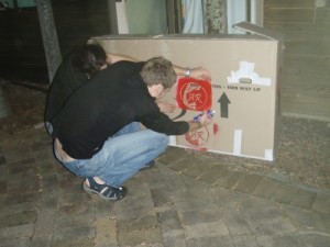 preparing our bike boxes with our logo