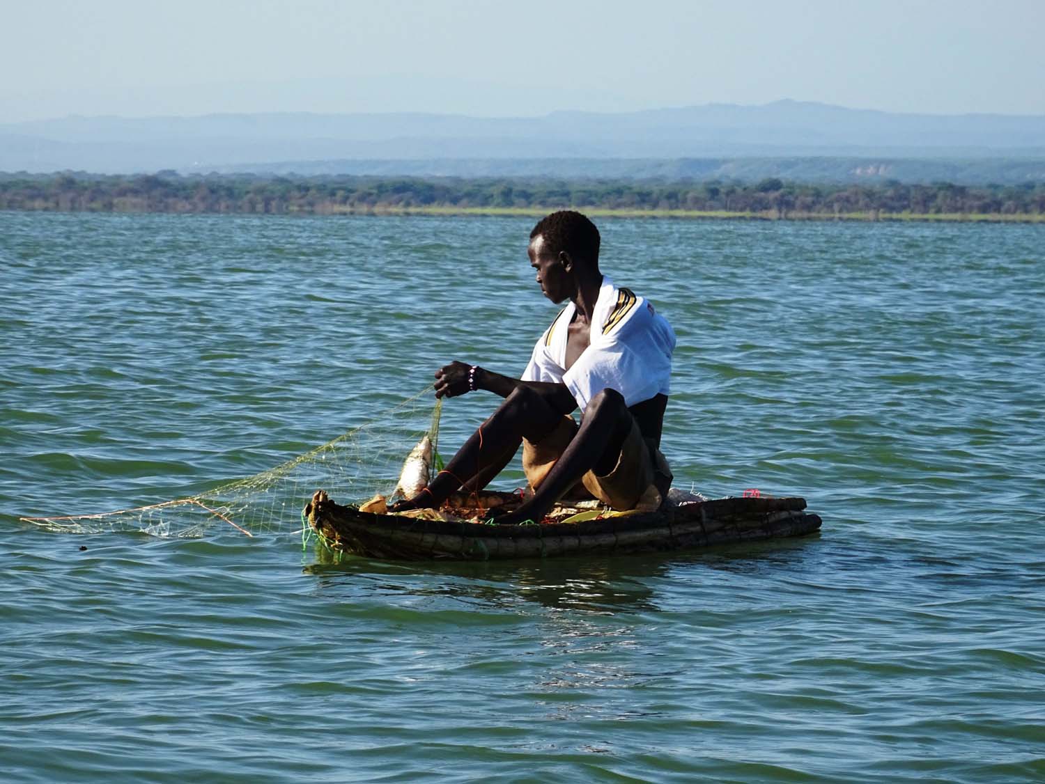 fisherman on lake Baringo on his home made kayak, checking his nets and pulling out a fish