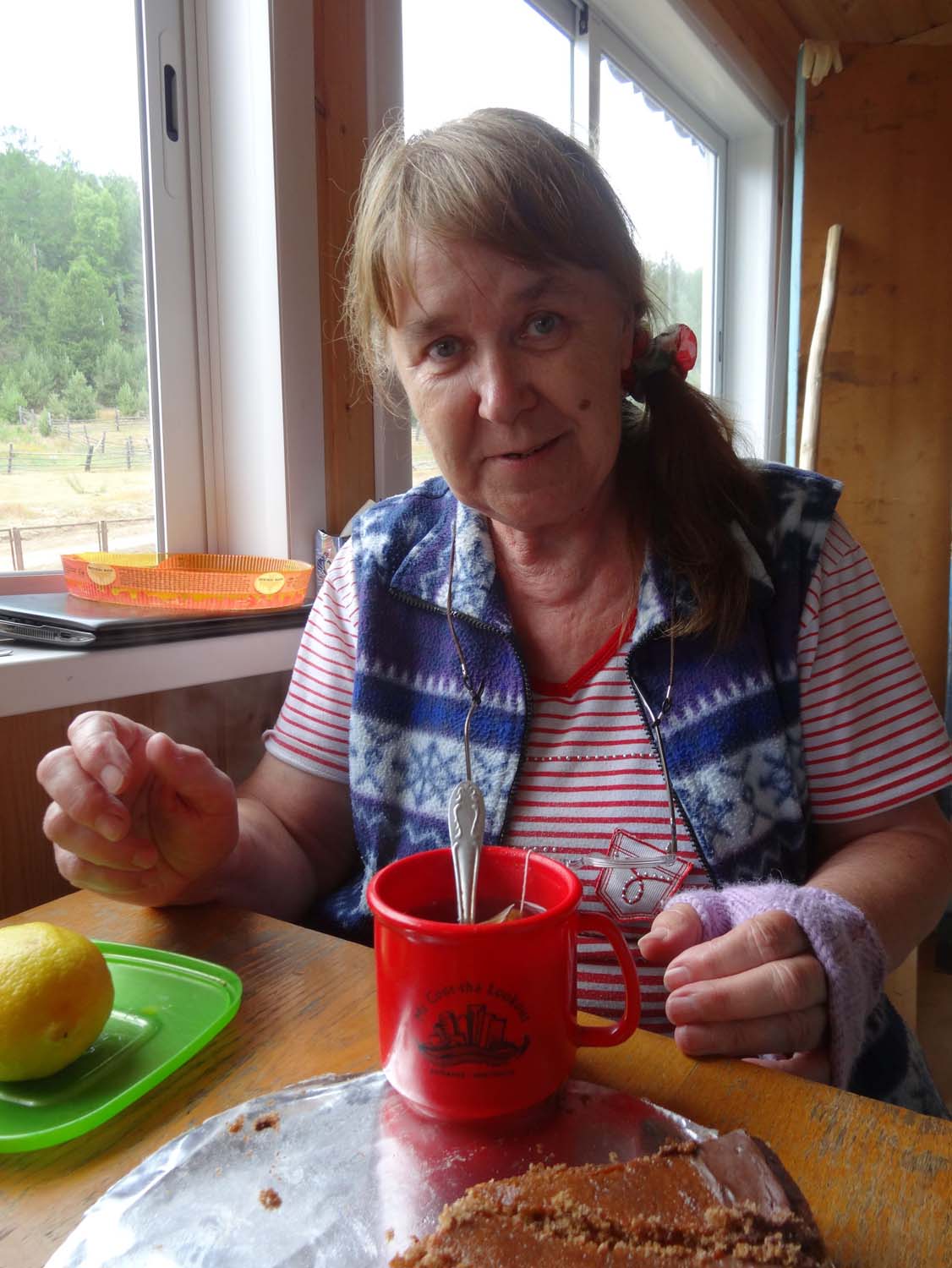 Vera having a cuppa - check out the mug!