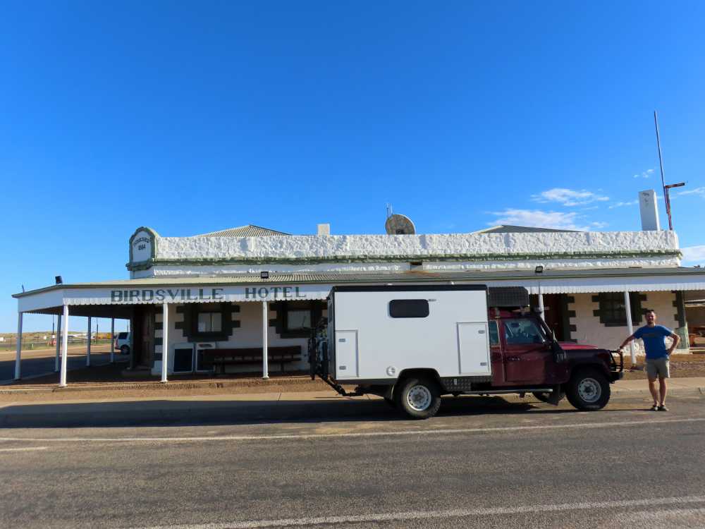 Lara and Jon in front of the Birdsville Hotel where he demolished a steak burger