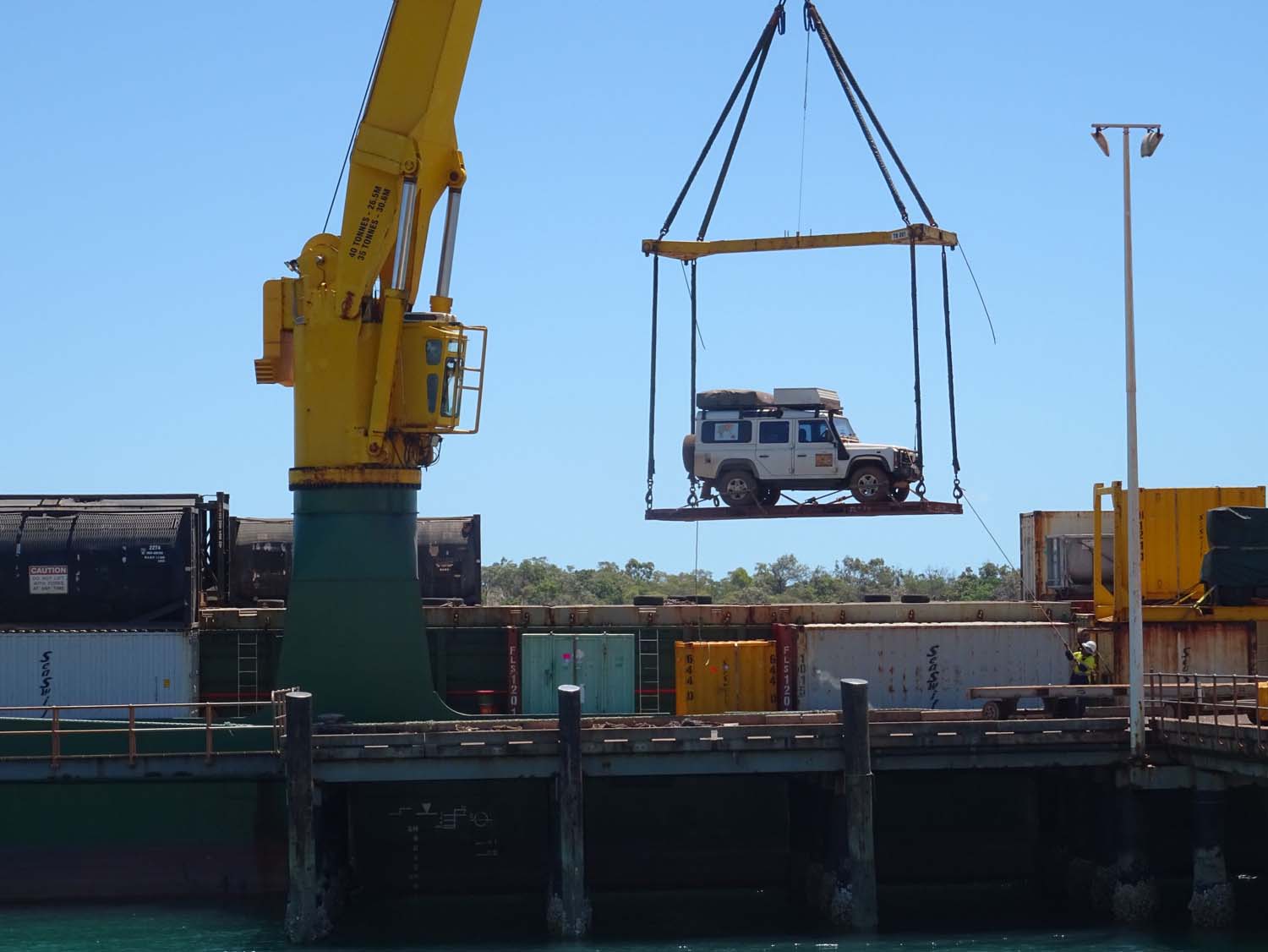 Lara being loaded onto the container ship back to Cairns
