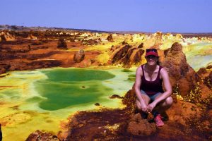 Jude in Dallol - the colours are truly psychedelic - they even found life in a pool where the acidity was measured as zero pH. The pools are the most acidic places in the world where life has been found.