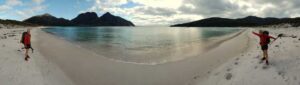 a fun panorama shot of Jude (twice) on Wineglass Bay