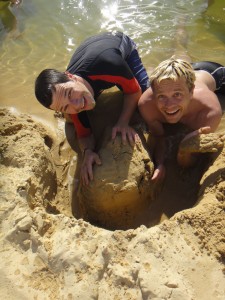 Jon and Bjorn building sand castles in Lake Wobby