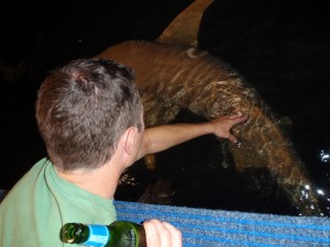 Jon petting the sharks with beer in hand