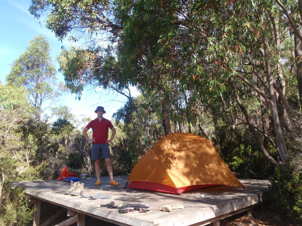 Jon at our camp tent platform at Kia Ora Hut