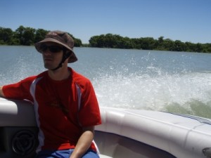Jon in the wakeboarding boat