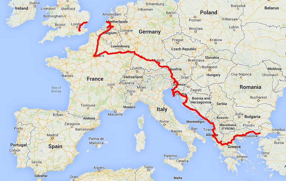 our route in Europe - click on this image for the interactive Google map