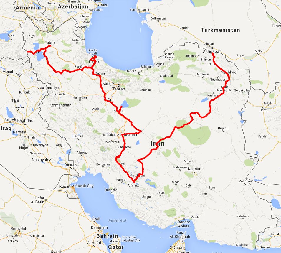 our route in Iran - click on this image for the interactive Google map