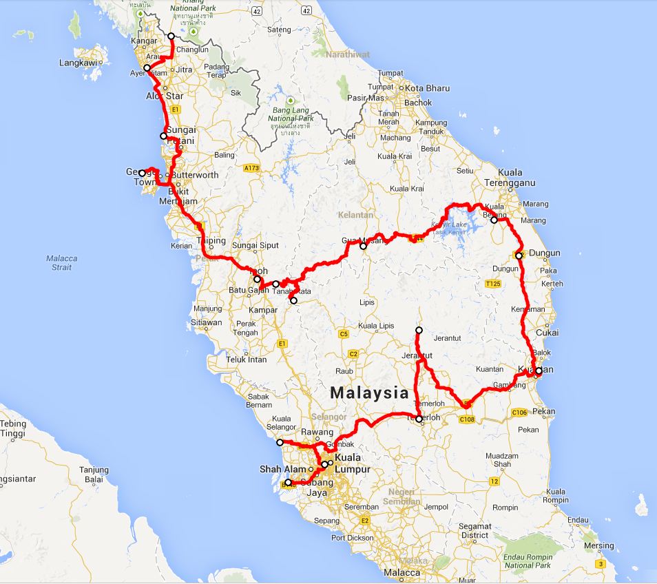 our route in Malaysia - click on this image for the interactive Google map