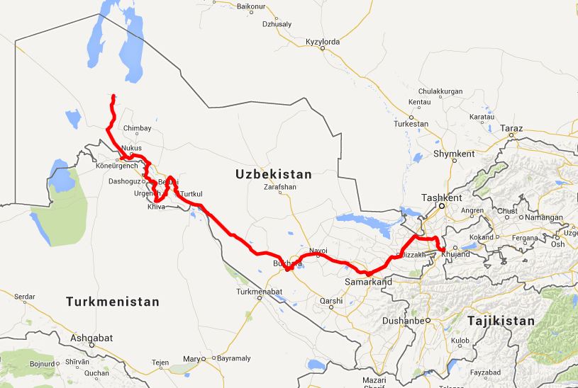 our route in Uzbekistan - click on this image for the interactive Google map