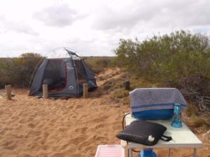 our windy campsite, we put some extra straps on the tent to keep it stable