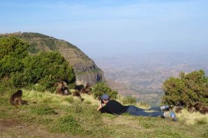 Jon joining the locals, the gelada monkeys mostly ignore you completely