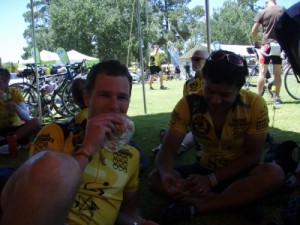 Jon enjoying lunch at the finish line with Ted