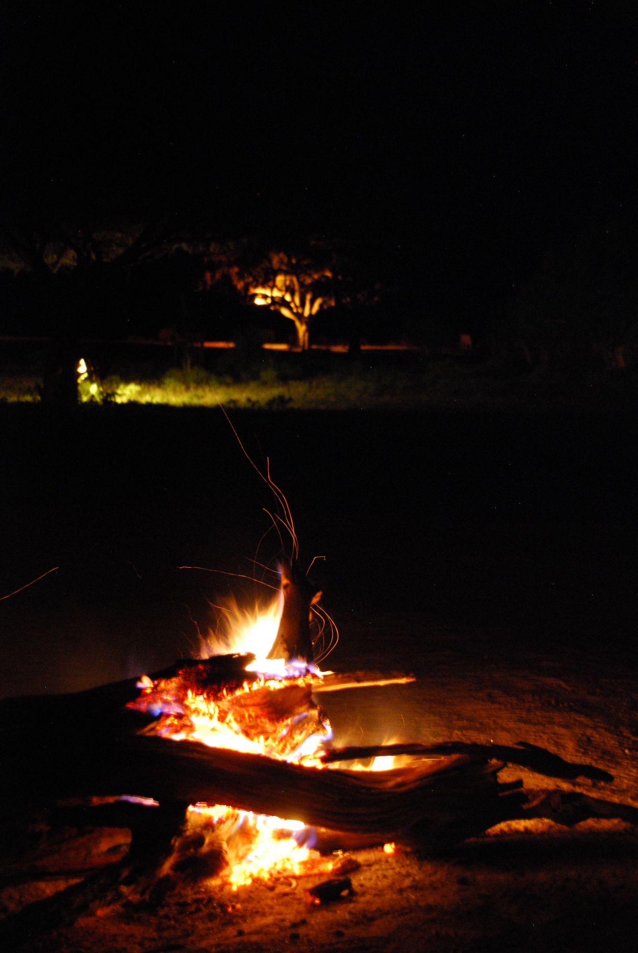 view of the waterhole from the campsire at night (Tsavo East)