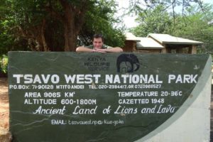 Jon at the entry sign of Tsavo West, the gate is just off Mombasa Rd