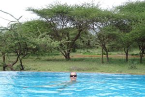 Jude in the pool at Severin Lodge, the wildlife sometimes walks straight past