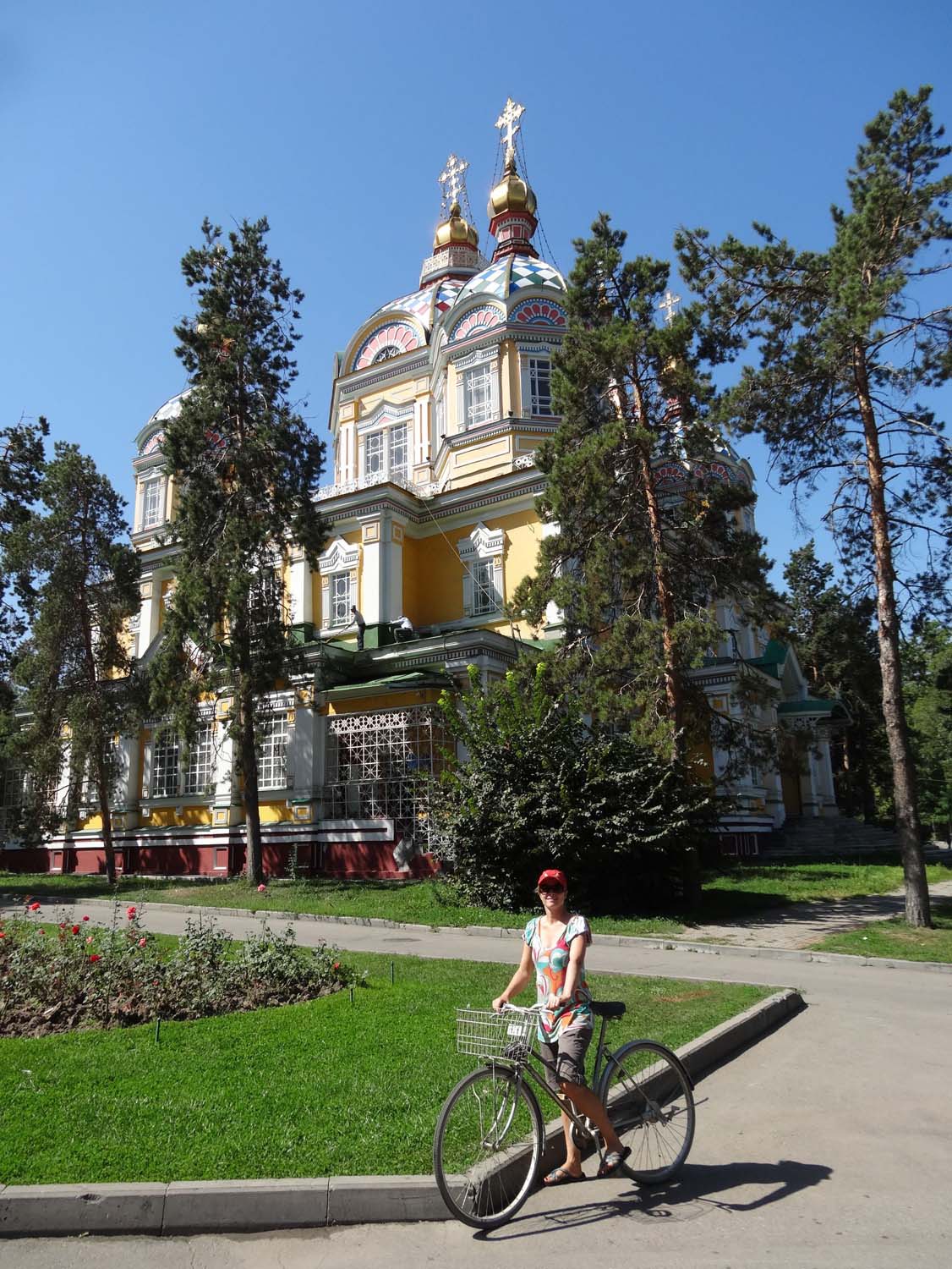 cycling through Almaty - the colourful Almaty cathedral
