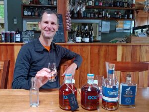 Jon enjoying a whisky tasting in the wine bar in Geeveston