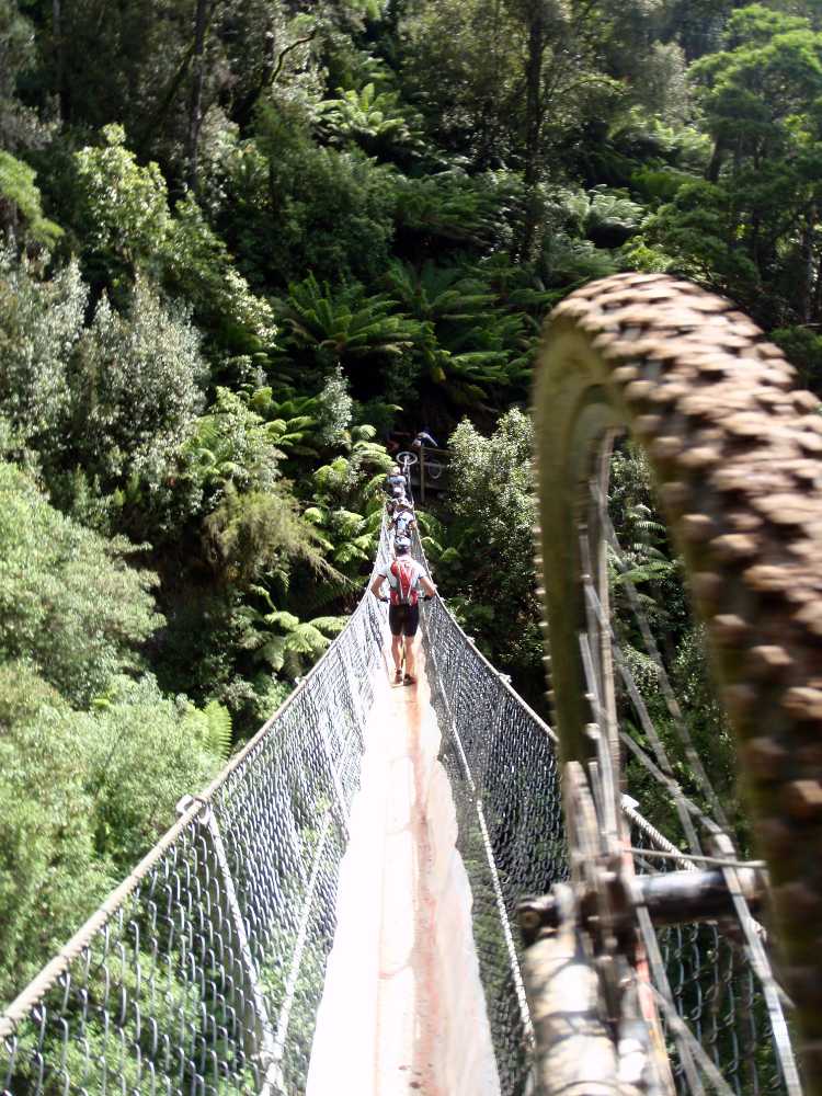 crossing the swing bridge in front of Montezuma Falls with your bike is a fun challenge